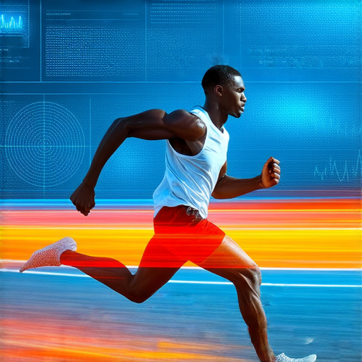 突破極限的田徑選手在賽道上加速，背景展示直徑的科學數據，強調直徑如何影響選手表現，展現運動與科技的結合，突顯訓練的重要性。