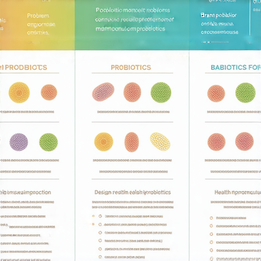 益生菌與細菌的關係圖，顯示不同益生菌種類及其對健康的影響，強調如何運用這些微生物改善消化與免疫系統，倡導健康生活方式。
