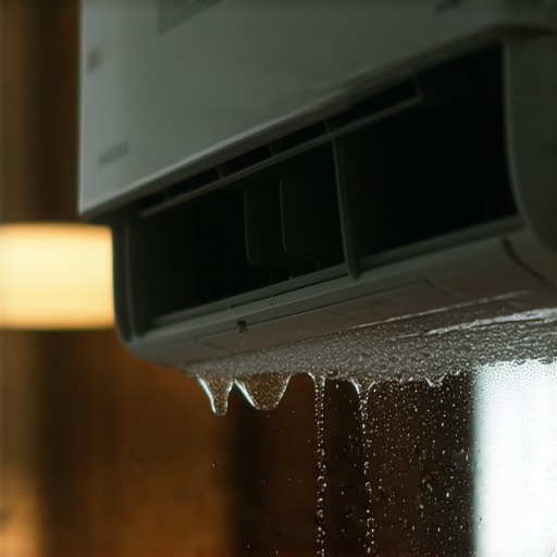 冷氣單位滴水聲的特寫圖片，展示水珠滾落的瞬間，背景為室內環境，詮釋冷氣滴水聲音背後的秘密，讓人驚訝冷氣運作的機制與常見故障。