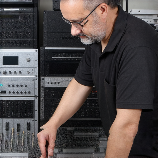 音響控制技術專家正在檢查音響設備，維修過程中展示專業工具，提升音質的服務過程，背景有音響系統的部件，強調維修對音質升級的重要性。