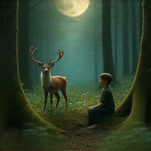 馴鹿在森林中，背景為皎潔的月光，學生與外籍老師一對一互動，學習英文，展現奇幻旅程的探索，強調馴鹿的秘密及其在語言學習中的靈感。