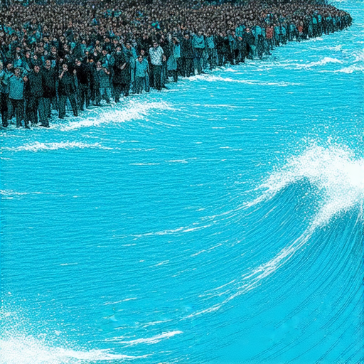 元朗水渠倒灌事件，顯示水流湧入街道，周圍民眾驚慌失措，地面積水嚴重，背景建築模糊可見，突顯事件的驚悚氛圍與影響。