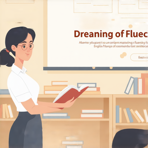 一名外籍老師與學生進行一對一的英語教學，畫面中學生專注學習，背景展示學習資料，標題強調從癡人說夢到流利英文的學習過程，展現積極的教學氛圍。