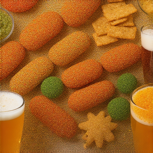 美味與激情交織的足球賽現場，色彩繽紛的獨特食品擺滿桌面，搭配啤酒與小吃，吸引球迷品味賽事時最佳的美食搭配，營造熱烈氣氛。