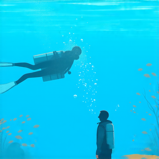 潛水與潛水泵的圖示，展現潛入英文世界的主題，外籍老師一對一課程資訊，鼓勵學習潛水技巧及相關知識，適合對潛水感興趣的人士。