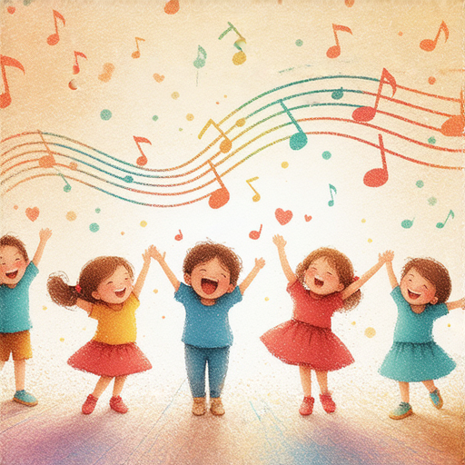 2023年最受歡迎的兒童比賽歌曲封面，色彩鮮豔，孩子們歡快地唱歌和跳舞，展現對音樂的熱愛，吸引小朋友一起探索音樂的秘密。