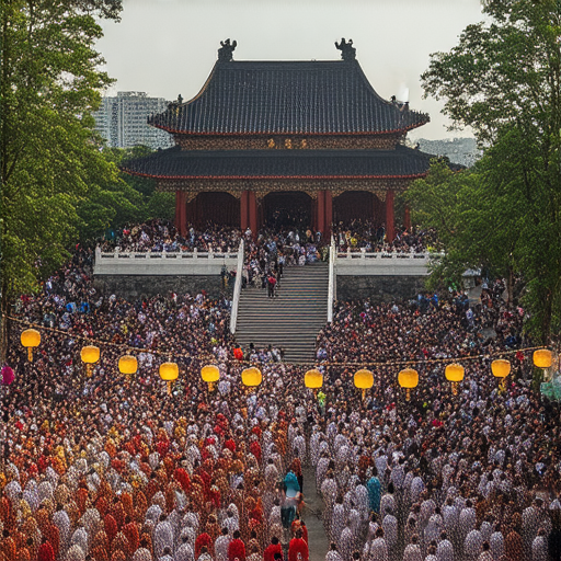 高雄佛誕慶典活動，眾多信士參與，祈願的香火與燈籠交織，展現當地文化與心靈洗禮的魅力，背景可見寺廟建築與節慶裝飾。