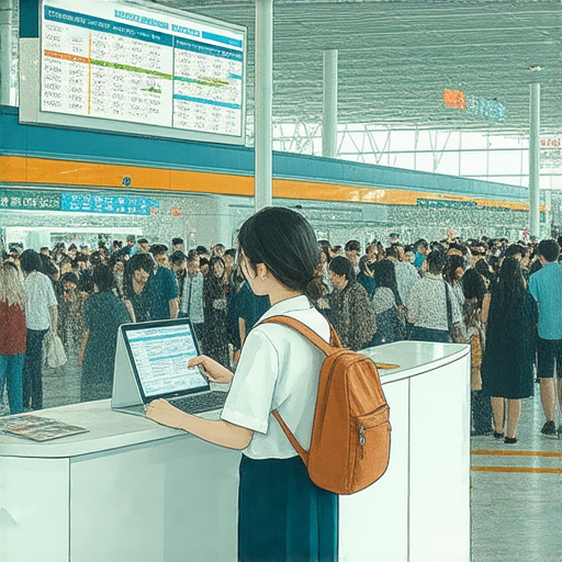 依賴英文指導搭乘高鐵的成功秘訣，圖片中展示旅客使用英文資訊詢問服務台，周圍是高鐵站內的情景，突出英語在交通上的重要性。