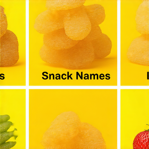 零食大揭秘的圖片，展示六種英文相關的零食名稱，吸引觀眾學習，提升零食知識，成為零食專家的精彩瞬間，色彩鮮豔，讓人食慾大開。