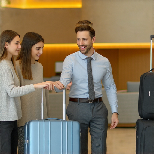 圖片展示一位外籍老師指導學生在飯店寄放行李的過程，學生專注學習英語對話技巧，背景為現代飯店大廳，氛圍友好且專業，展示提升英文能力的動力與實用性。