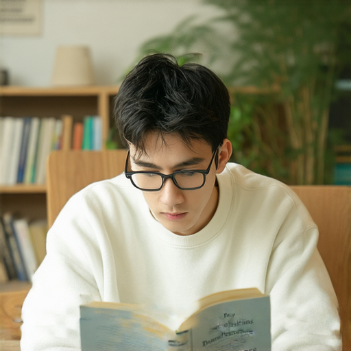 一位專注的年輕人在書桌前翻閱著《執著的力量》這本書，書中探討如何證明夢想不只是空談，並揭示成功的秘訣，周圍環境充滿啟發性的裝飾。