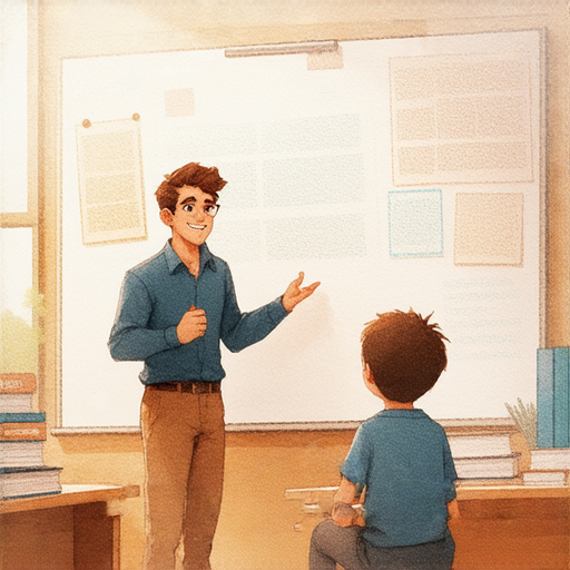 外籍老師正在進行一對一英文教學，學生專注聆聽，課堂環境友好，展現出學習英文的興奮與期待，祝我們好運，邁向流利的未來。