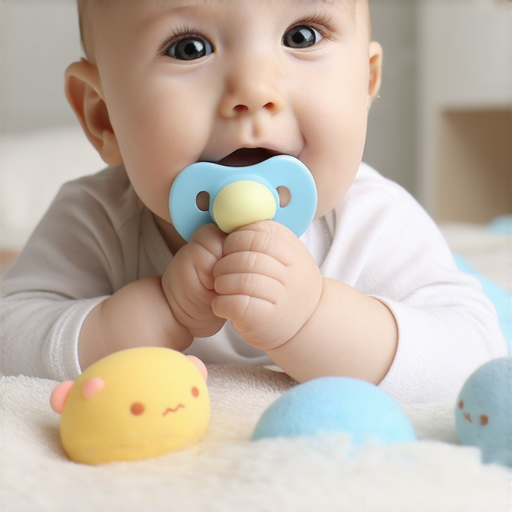 寶寶正專心吸吮奶嘴，四周環繞著可愛的玩具，這款奶嘴補充的新用法吸引了寶寶的注意，讓他們愛不釋口，完美融合了舒適與樂趣。