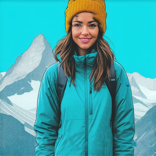 從自卑到自信的轉變，女性在戶外冒險中運用導遊術，積極向前探索大自然，展現勇敢和自信，背景為壯麗的山景，鼓勵他人追求冒險與自我提升。