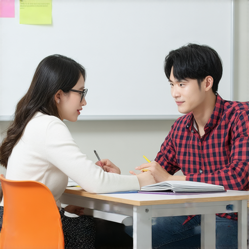 檢驗合格的外籍英文老師在教室裡進行一對一教學，專注於提升學生英語能力，提供互動學習環境，幫助學生掌握語言技巧。