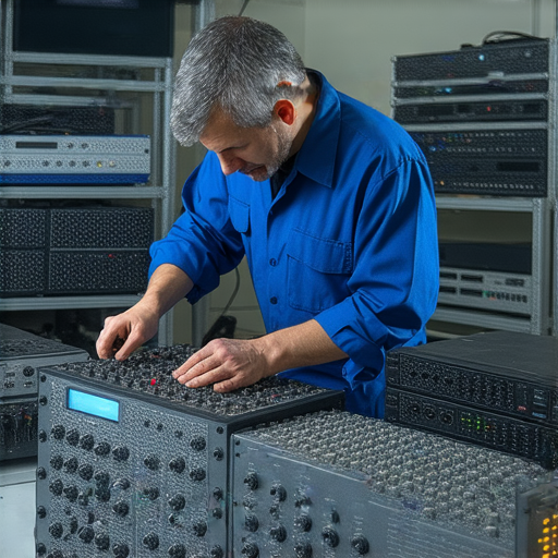 音響設備出現問題的檢查與維修流程，專業技術人員正在仔細檢查音響元件，確保音質恢復到最佳狀態，讓音響問題不再影響聆聽體驗。