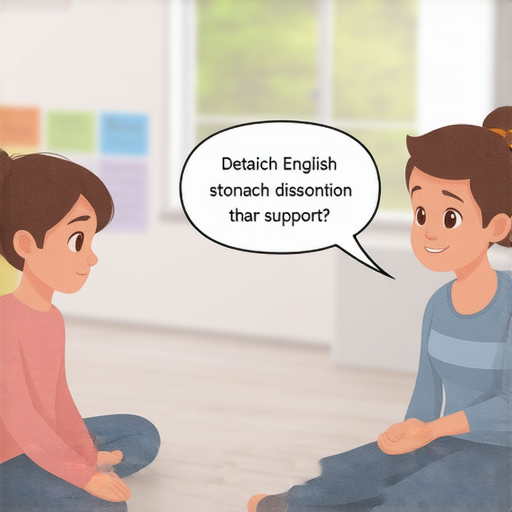 肚子不舒服的情境，外籍老師和學生正在輕鬆交流，學生用英語詢問病情，老師耐心解答，展示學習英文與外籍老師合作解決疑惑的效果。