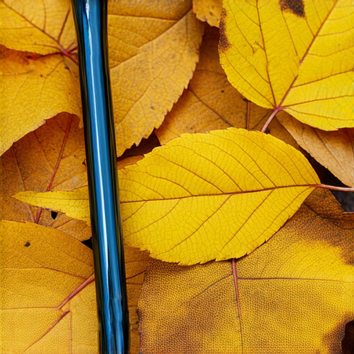 一根優雅的拐杖靜靜地倚靠在金黃色的秋天樹葉上，背景呈現出色彩斑斕的秋季風景，象徵著支撐與美麗的完美交織，展現季節的奇妙變化與自然的和諧。