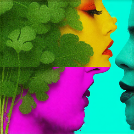 揭示害怕與芫荽的雙重真相的圖片，展現味覺與情緒的重新定義，色彩鮮豔的芫荽葉與人表情對比，喚起對食材和情緒的深刻思考。