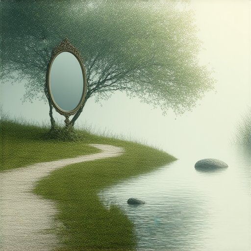 反思與還原的旅程，揭示內心深處的秘密，探索未曾發現的自我，圖中呈現思考與自我探索的象徵，如鏡子、蜿蜒小道和靜謐的自然場景，激發深層靈感與自覺。