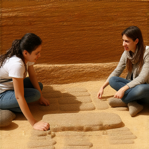 考古學探討課程圖片，外籍老師與學生一對一交流英文知識，背景展示考古文物和研究資料，揭開考古學神秘面紗，提升英文能力，增進對歷史的理解。
