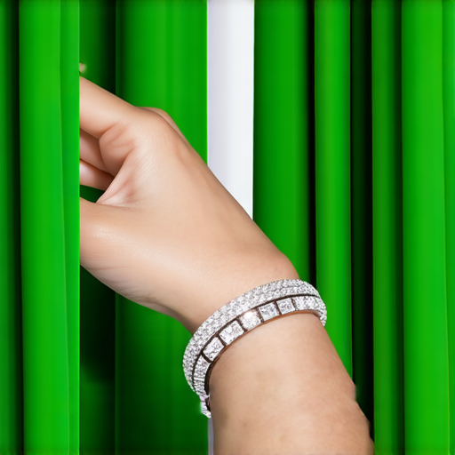 發現手腕的秘密，窗簾背後的時尚寶藏，手腕飾品展示，精美的手鐲和腕帶，綠色窗簾襯托出珠寶的璀璨，吸引眼球的時尚探索。