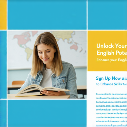 解鎖你的英文潛力的宣傳海報，顯示專屬外籍老師一對一教學的場景，學員專注學習，輕鬆互動，立即報名，提升英語能力。