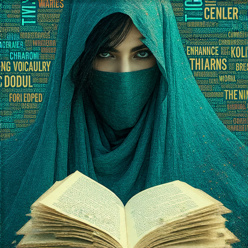 揭開神秘面紗的場景，主題是提升表達方式的詞彙，圖中展示多種文字和筆記本，象徵智慧與創意，激勵人們探索新的表達技巧。