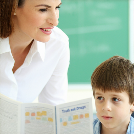 外籍老師進行一對一英文學習課程，學生專注聆聽，探索毒品真相的背景故事，教室環境明亮清新，提升學習效果，展現教育的重要性與啟發性。