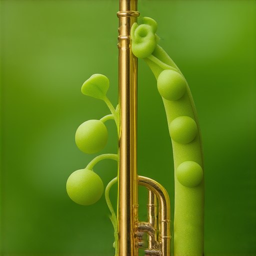 喇叭和豆苗的奇妙連結構成的視覺圖，展示了兩者的互動與意義，喇叭似乎吐露著豆苗的生長秘密，暗示著自然界的神秘關聯。