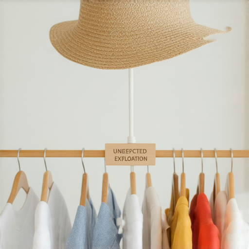 一個獨特設計的衣架正被展示，周圍擺放著幾件不同風格的衣物，衣架旁邊標示著意想不到的用途，吸引觀者的好奇心，探索衣架的多功能性。