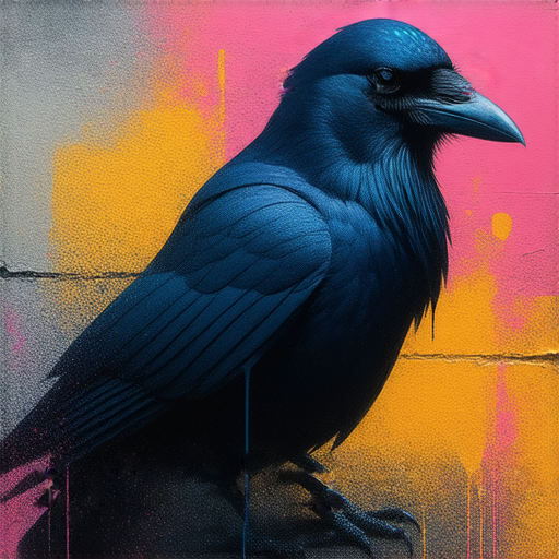 從塗鴉到烏鴉的藝術作品，展現神秘的街頭藝術風格，強調色彩的對比與獨特的圖案，背後隱含的故事引人深思，表達了城市文化的演變與藝術家的創意發揮。