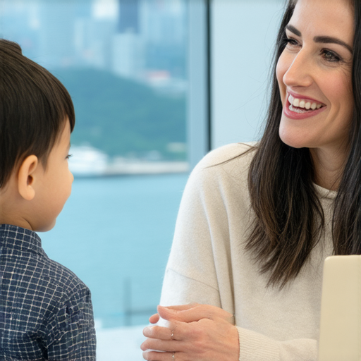 外籍老師一對一英文教學場景，學生與老師互動，展示提升英文能力的學習氛圍，背景為香港特區地標，體現香港的英文魅力和語言學習的樂趣。