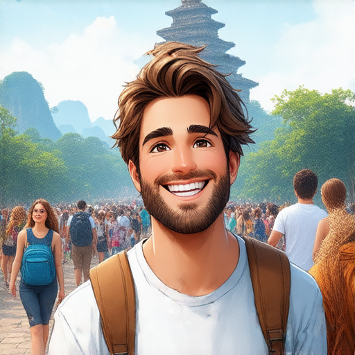 導遊自信地微笑，向遊客介紹景點，展現其引人注目的解說風格，背景是著名地標，傳遞從自卑到自信的心路歷程，讓每一次解說都引發驚嘆。