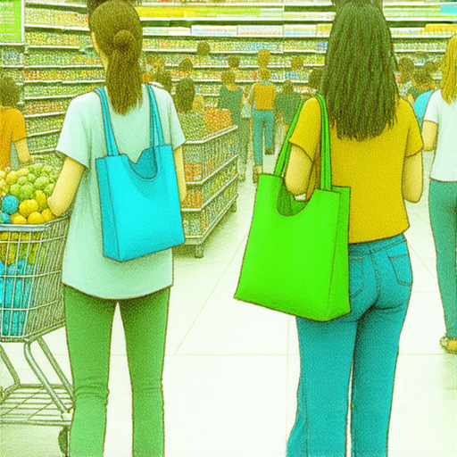 環保袋在超市排隊時被使用的場景，顯示人們如何透過日常選擇支持拯救地球，強調環保的重要性，鼓勵大家採用可重複使用的袋子以減少塑料污染。