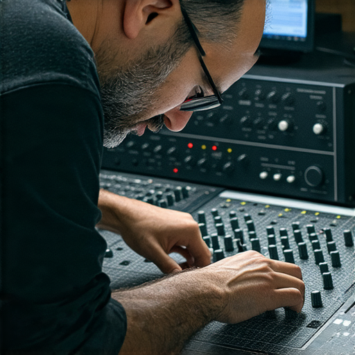 揭開套裝音響的秘密，展示專業維修服務的技術人員，手握音響設備，專注於調整音質，背景顯示音響元件，突顯最佳音質的維修過程，讓音樂愛好者了解提升音響表現的重要性。