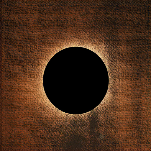 日蝕時的太陽與月亮交替，背景呈現暗色，前景是生鏽的金屬表面，象徵自然現象與時間的交織，探討日蝕與生鏽之間的神秘聯繫和科學意義。