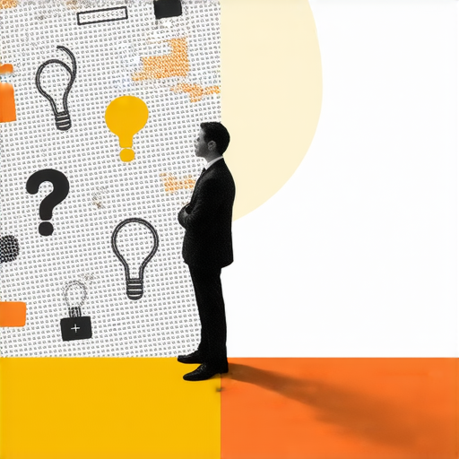 揭開方便與疑惑之間的秘密的圖片，展示一位思考中的人，背景有多個疑惑的符號和便利的物品，強調生活中的便利性與不確定性的對立，探索真相與理解的重要性。