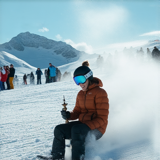 探索水煙與滑雪的冬季派對場景，滑雪者在雪地中享受水煙，背景是白雪覆蓋的山脈，派對氛圍熱鬧非凡，展示了獨特的冬季娛樂新玩法。