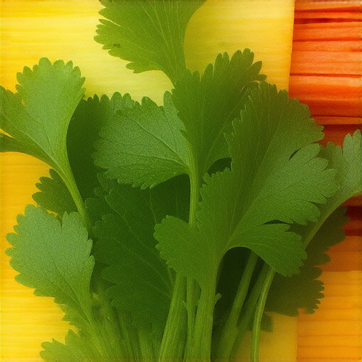一束新鮮的芫荽，綠葉碧翠，展現其天然之美，對比鮮豔的蔬菜，吸引眼球，揭示芫荽的獨特風味與一些人對其的恐懼，探索食材之美與挑戰。