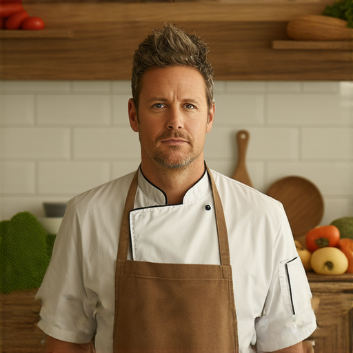 在廚房內，一位專注的廚師正揭開圍裙，展現專注與熱情的瞬間，底下的食材與烹飪工具映襯出這份魅力，揭示認真態度與創意料理的完美結合。