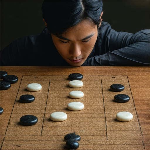 圍棋棋盤上，黑白棋子交錯排列，玩家專注思考，展現思維敏捷，探討圍棋如何提升心智敏銳度，揭示這項優雅遊戲的諷刺面紗。