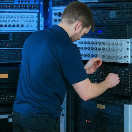 專業維修服務展示機架音響，技術人員正在檢查音響設備，解決音質問題，讓音質重獲新生，提升音樂體驗，為客戶提供優質的維修服務。