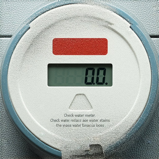 家中漏水問題示意圖，水錶周圍的水跡明顯，提醒用戶及時檢查和更換水錶，以避免不必要的費用損失和財富損害。