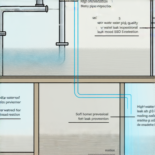 樓上裝修漏水的示意圖，展示防範技巧，如檢查水管、使用防水材料及密封膠，幫助預防漏水問題，保障居家安全與舒適。