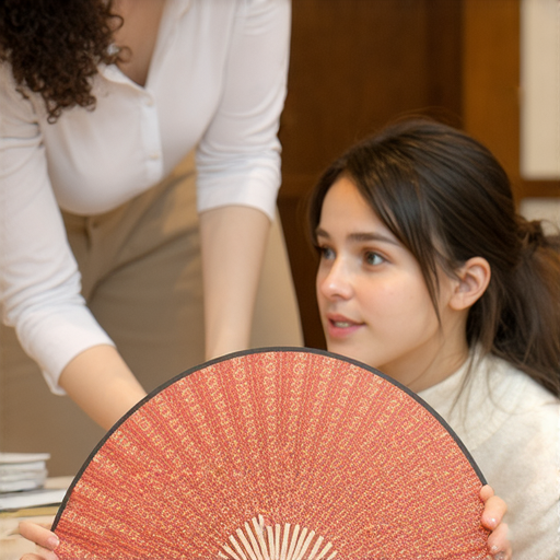 揭開紙扇的秘密，外籍老師與學生一對一學習英語，分享文化故事，學生專注聆聽，桌上擺放的紙扇展示華麗圖案，提升語言學習與文化理解。