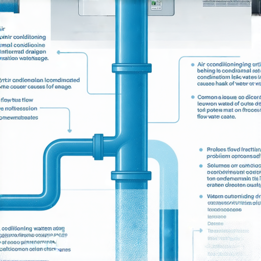 冷氣漏水問題圖示，展示冷氣機內部冷凝水排水系統，分析常見漏水原因，提供解決方案，讓使用者不再困擾於冷氣漏水的真相。