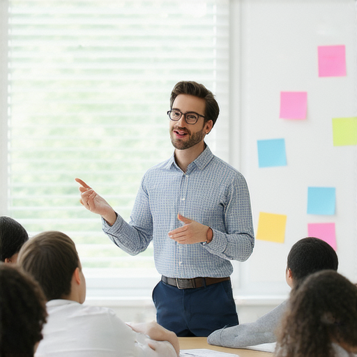 外籍英文老師在教室中指導學生使用漸進鏡片，幫助他們流利對話的過程，展現學習如何提高口語能力的秘密。
