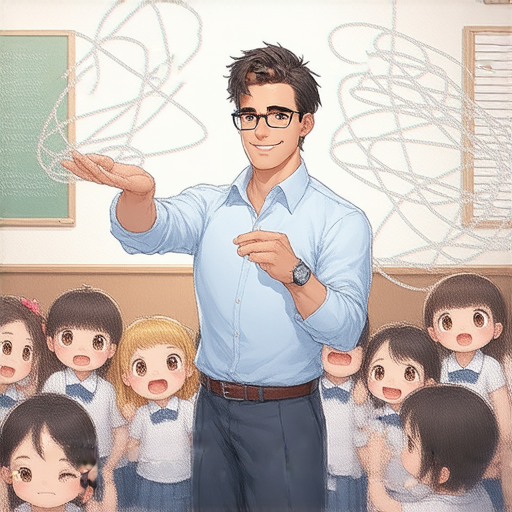 一位外籍老師在課堂上示範橡皮筋的神秘用途，學生們聚精會神地觀看，加強英文學習的互動與趣味，提升語言技能，探索創意教學方法。