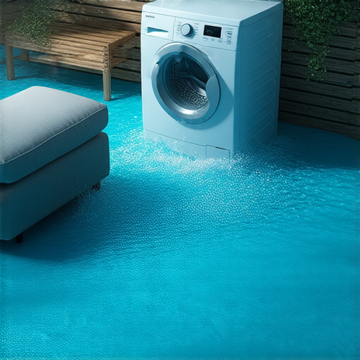 樓頂漏水造成的災情，洗衣機旁水淹地板，水漬滲透至地板以及周圍家具，揭示自來水漏水的真相，提醒住戶注意漏水問題和水管維護。